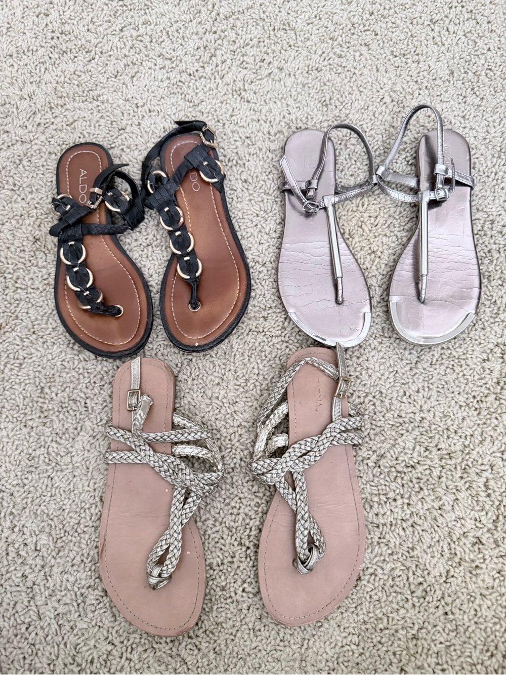 Sz 6 Women Flat Sandals Bundle - Aldo, Merona, & Silver (3 Pairs)